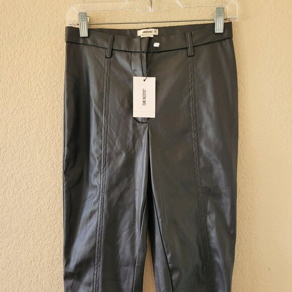 Jason Wu Faux Leather Black High Waist Straight Leg Split Ankle Pants Small New - Picture 3 of 13